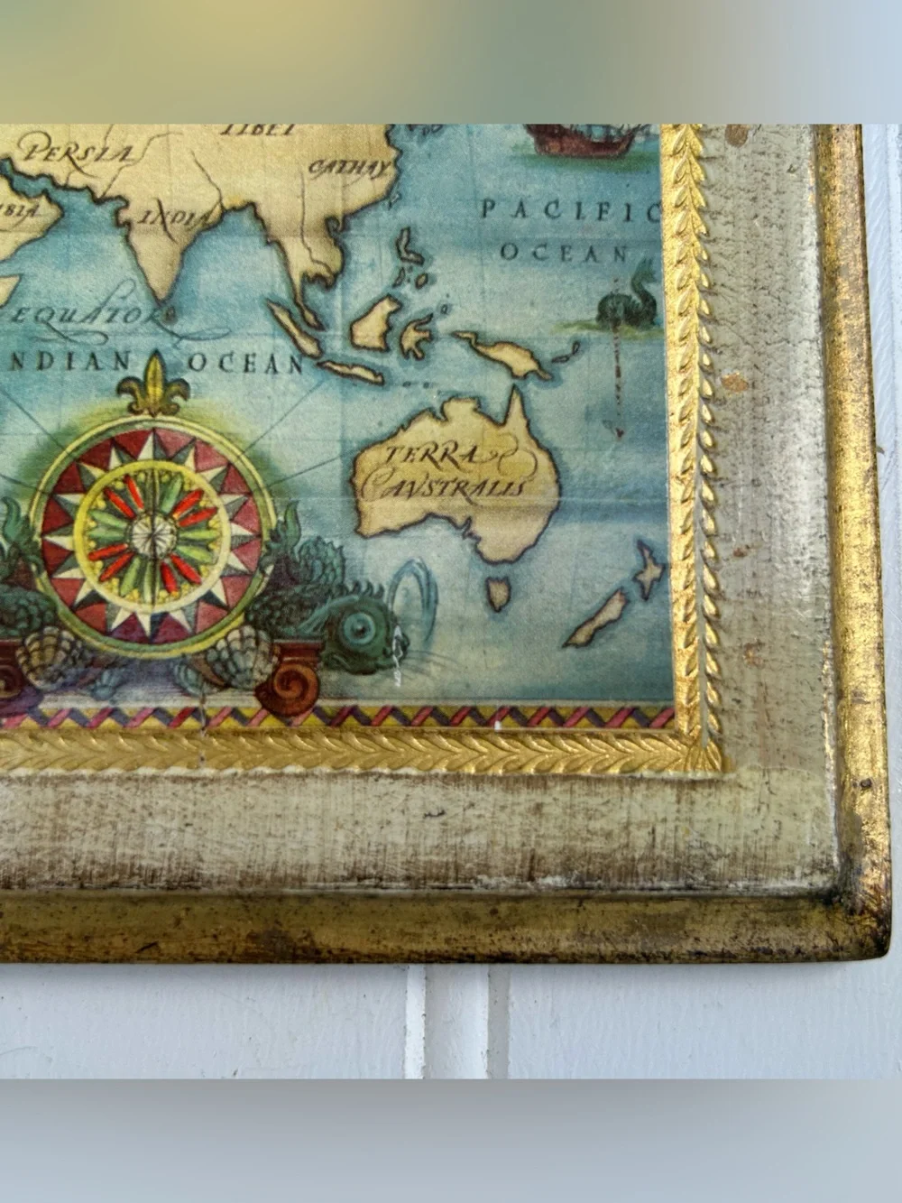Vintage Map Sears World Accent Plaque Blue Cream Gold Gallery Wall 6x8